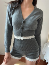 Lace cardigan jacket long sleeved top shorts set