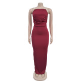 Women's backless solid color bag arm skirt dress