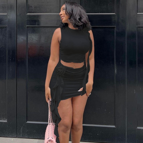 Round neck solid color crop top mini skirt two-piece set