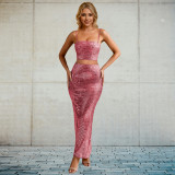 Two piece set of women's hot pressed diamond sleeveless camisole long skirt
