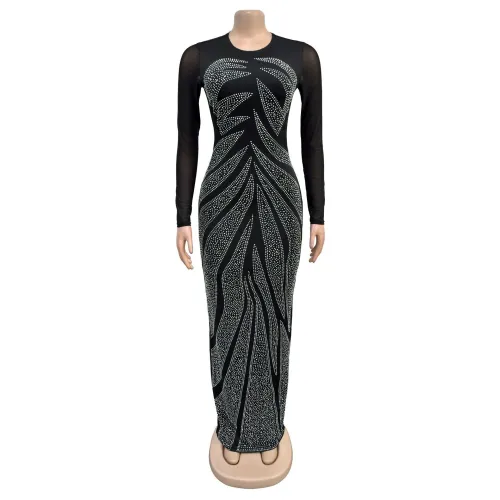 Women's rhinestone long sleeved tight fitting hip hugging dress