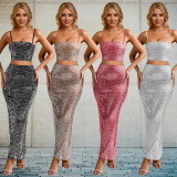 Two piece set of women's hot pressed diamond sleeveless camisole long skirt