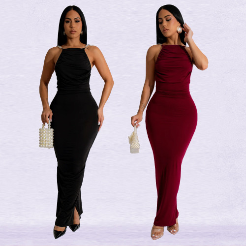 Women's backless solid color bag arm skirt dress