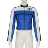 Splicing color blocking zipper long sleeved PU leather motorcycle jacket jacket
