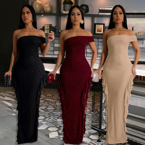 Split dress, one shoulder long skirt, dress