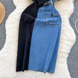 Contrast splicing mid length short sleeved denim skirt