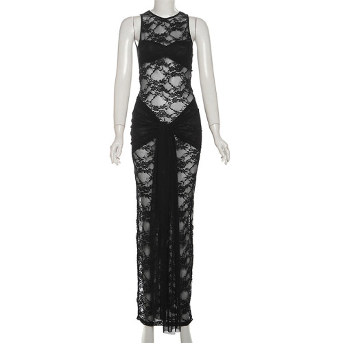 Lace hollowed out round neck see through dress