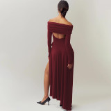 One shoulder hollow solid color bow long sleeved slit dress