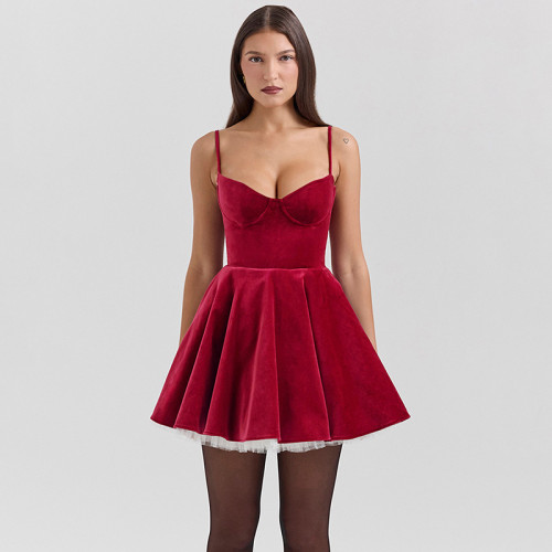 Backless waist cinching slimming V-neck camisole dress