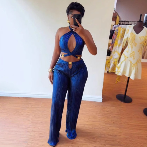 Fold strap hanging neck, exposed back hollow two-piece set