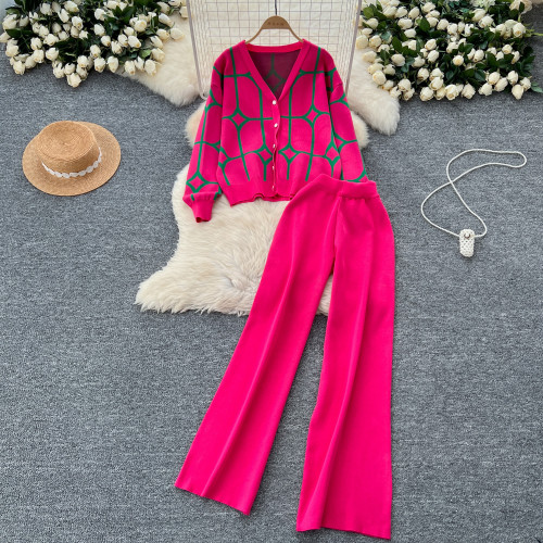 Knitted cardigan with sleeve print and wide leg pants sweater set