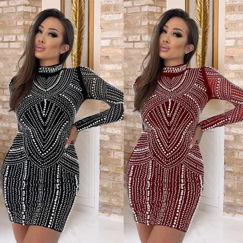 Long sleeved dress, fashionable rhinestone sparkling bead wrapped hip dress