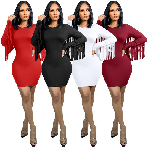 Round neck tassel long sleeved dress