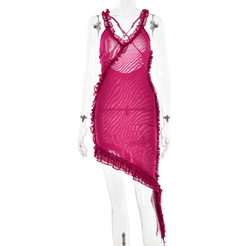 V-neck camisole backless patchwork lotus leaf short skirt