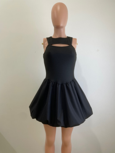 One shoulder hanging neck bubble sleeve dress