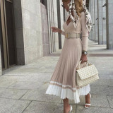 Cross V-neck knitted dress, medium length pleated skirt