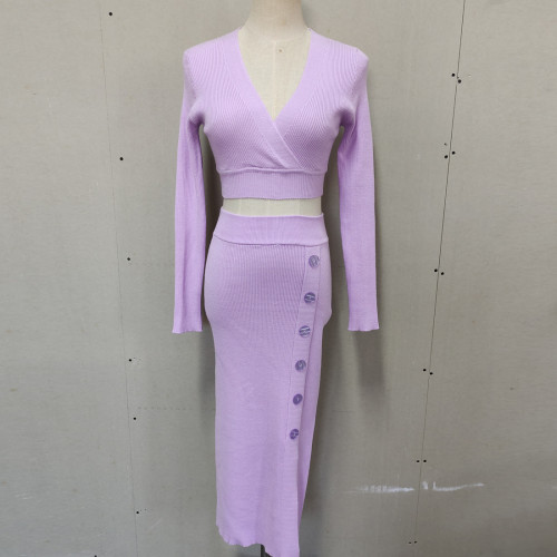 V-neck waist cinched crop top+button slit skirt knit dress set