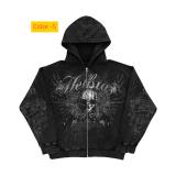 Motorcycle letter skull print zipper hoodie long sleeved sweatshirt