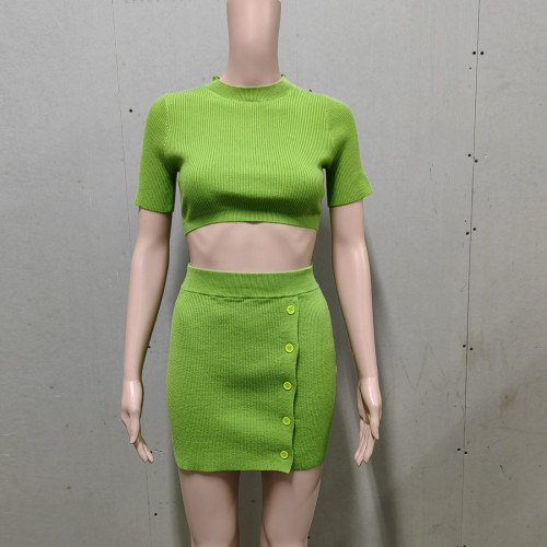 Knitted crop top and split button short skirt set