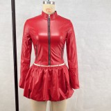 Stand collar zipper top short waist cinching puffy skirt two-piece set
