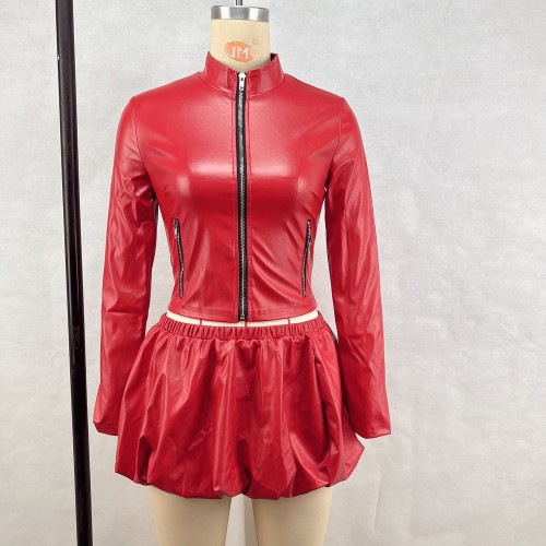 Stand collar zipper top short waist cinching puffy skirt two-piece set