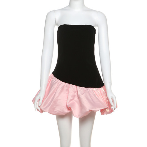 Suede strapless sleeveless patchwork puffy jumpsuit short skirt