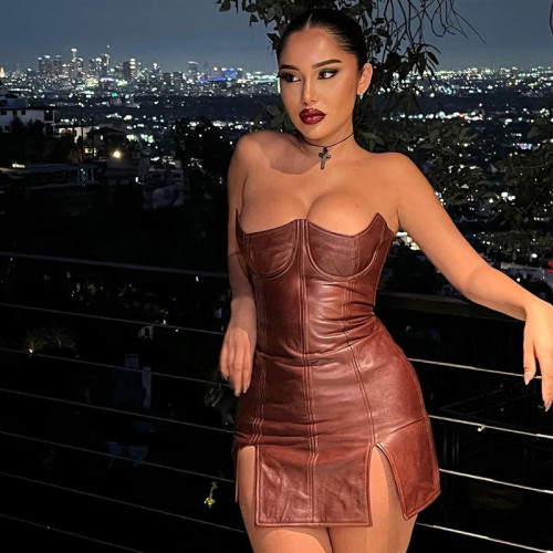 PU leather strapless tight fitting hip hugging sleeveless backless dress