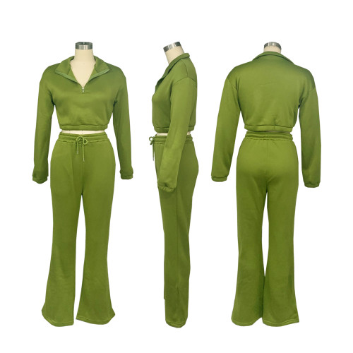 Zipper Half High Collar Waist with Velvet Hoodie, Tie Rope Pants, Sports Set