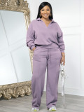 Solid color V-neck pullover long sleeved sweatshirt set