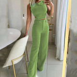 Solid color button down pants set