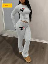 Printed long sleeved round neck T-shirt and pants set