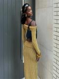 One shoulder long sleeved striped skirt set with exposed navel