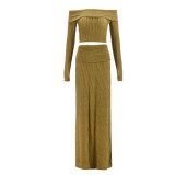 One shoulder long sleeved striped skirt set with exposed navel