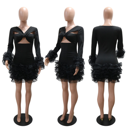 Hollow out ruffle edge short skirt dress