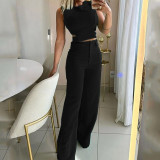 Solid color button down pants set