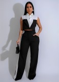 Tank top shirt patchwork contrasting pocket pants two-piece set