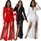 Waist tied small suit long sleeved slit two-piece set
