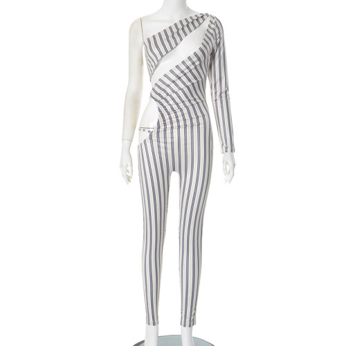 Striped printed hollowed out single shoulder long sleeved ankle binding jumpsuit