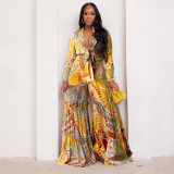 Two piece set of contrasting printed chiffon long sleeved lace up flared pants