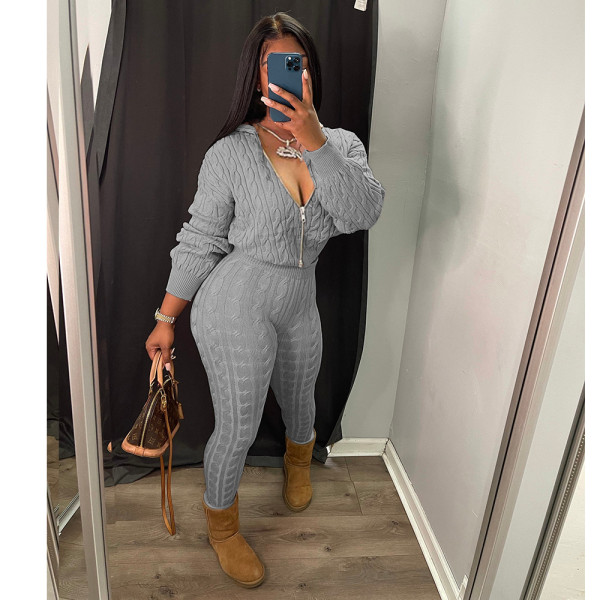 Zipper Knitted Sweater Set Two Piece Set CN0204
