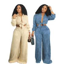 Long sleeved wide leg pants set, loose shirt pants set