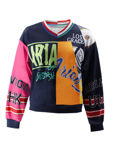 Splicing contrasting letter print loose V-neck sweatshirt