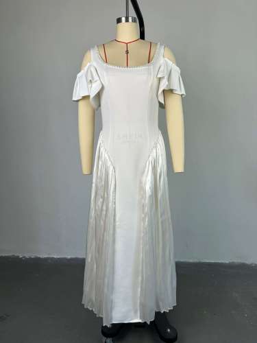 U-shaped collar, lotus leaf sleeves, high waist, oversized swing jumpsuit, long skirt