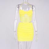 Mesh splicing hanging neck backless top and short skirt two-piece set