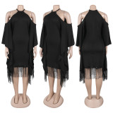 Large sequined fringe batwing sleeve elastic hip hugging dress
