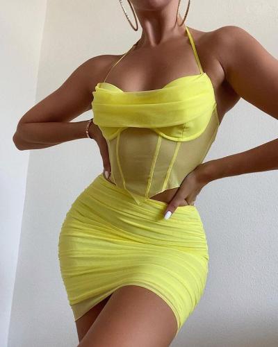 Mesh splicing hanging neck backless top and short skirt two-piece set
