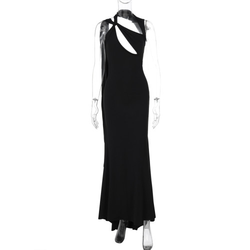 Hollow out strap sleeveless solid color dress