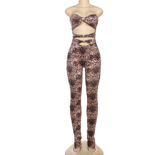Leopard print hollow out cropped jumpsuit