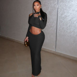 Umbilical long skirt long sleeved diagonal collar two-piece set