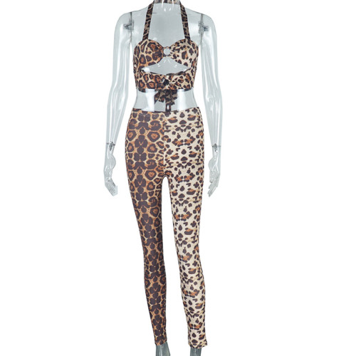Leopard print set, chest wrapped suspender pants two-piece set